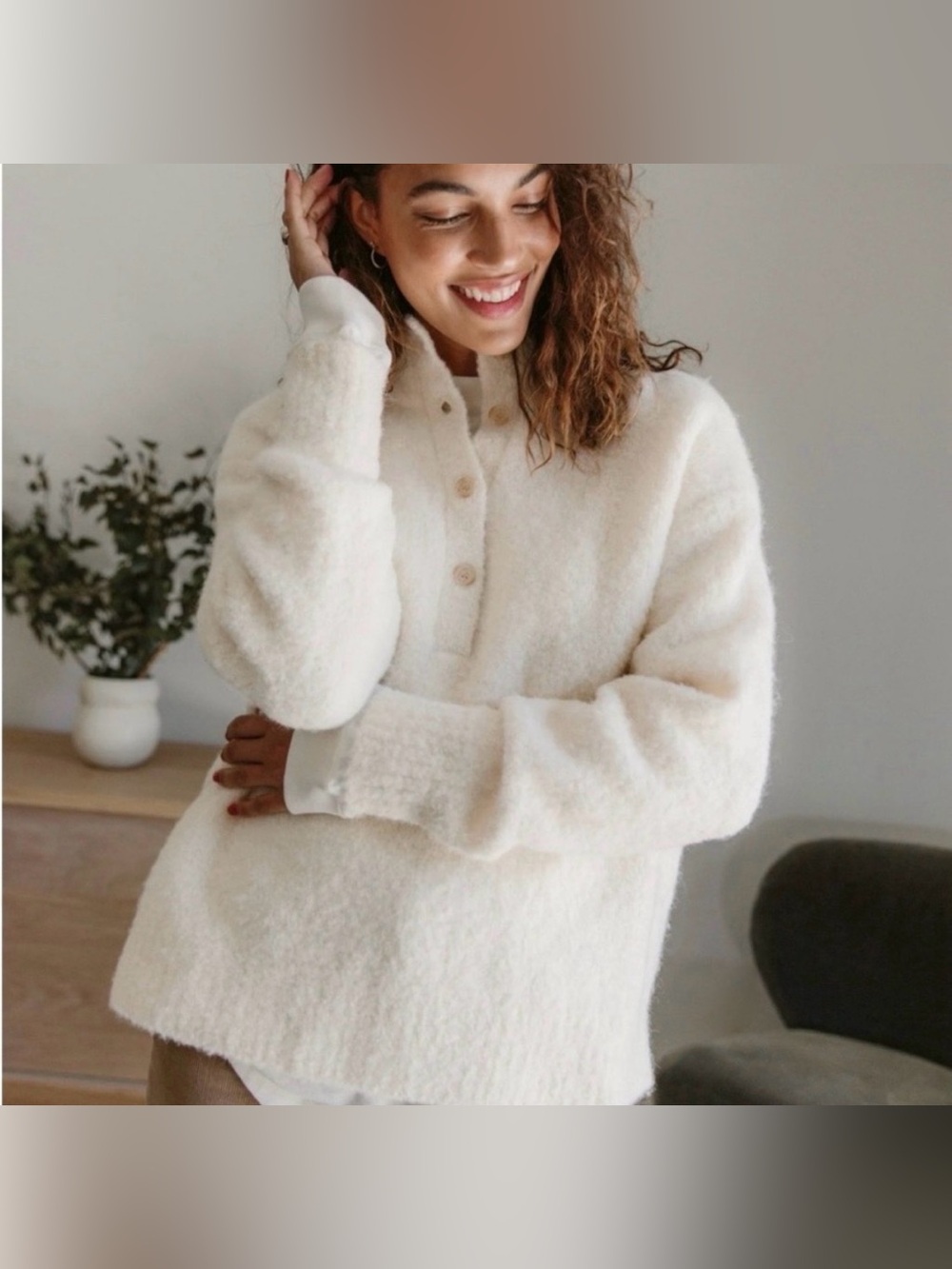 Jenni Kayne Bouce Cozy Cream Button-Neck Women’s Sweater Size S